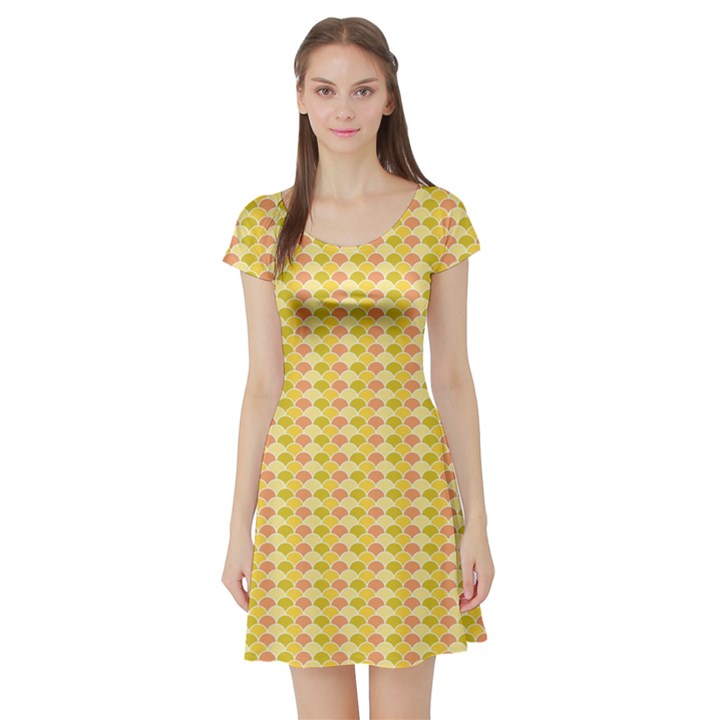 Yellow Ocean Wave Pattern Short Sleeve Skater Dress