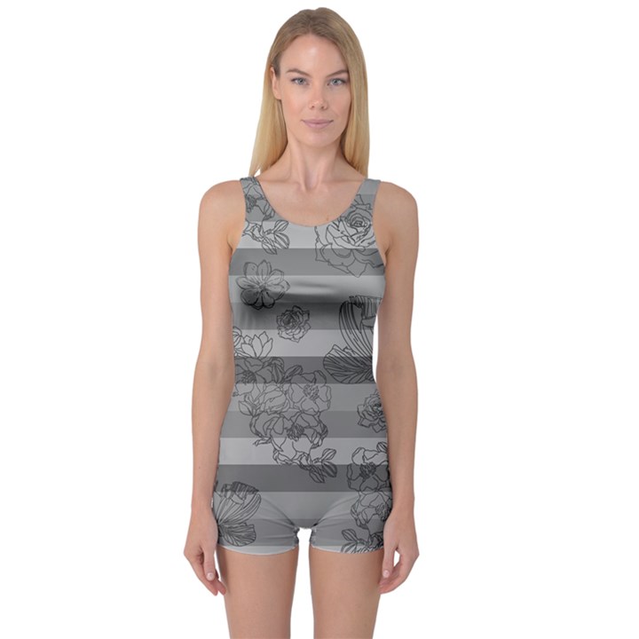 Gray Stripes One Piece Boyleg Swimsuit