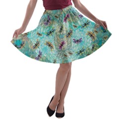 Aztec Aquamarine Dragonfly Insect A-line Skater Skirt by CoolDesigns