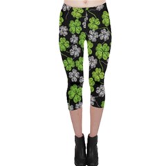 Green White Clover Shamrock Handraw Capri Leggings  by CoolDesigns