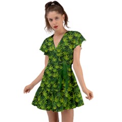 Cannabis Full Green Marijuana Leaves Flutter Sleeve Wrap Dress by CoolDesigns