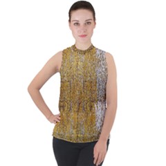 Sexy Gold Shinny Glitter Pattern Mock Neck Chiffon Sleeveless Top by CoolDesigns