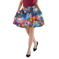 Colorful Moon Stars Planets Steel Blue A-line Skirt With Pockets by CoolDesigns