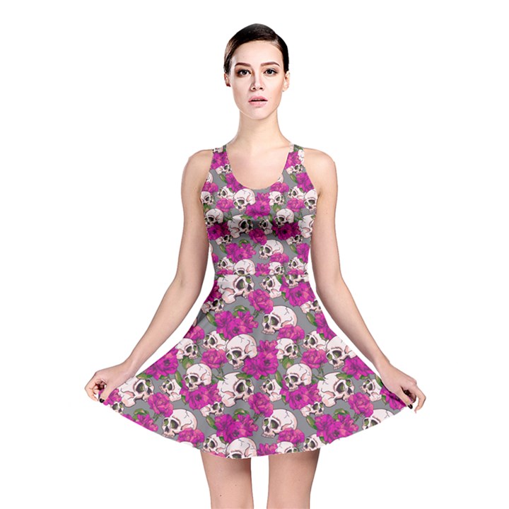 Gray Skull Flowers Vintage Reversible Skater Dress 