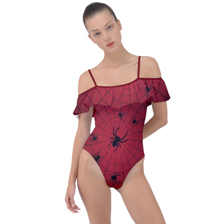 Spider Web Red Fun Frill Detail One Piece Swimsuit