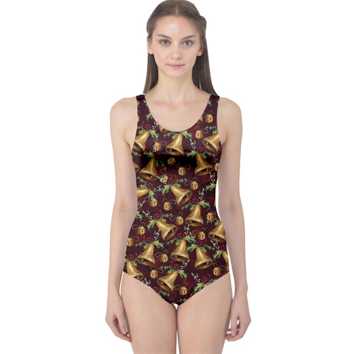 Red Vintage Bell Black Christmas Pattern Pattern Women s One Piece Swimsuit