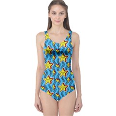 Deepskyblue Pop Art Star Thunder One Piece Swimsuit by CoolDesigns