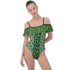 Green Skull Cannabis Marijuana Frill Detail One Piece Swimsuit by CoolDesigns