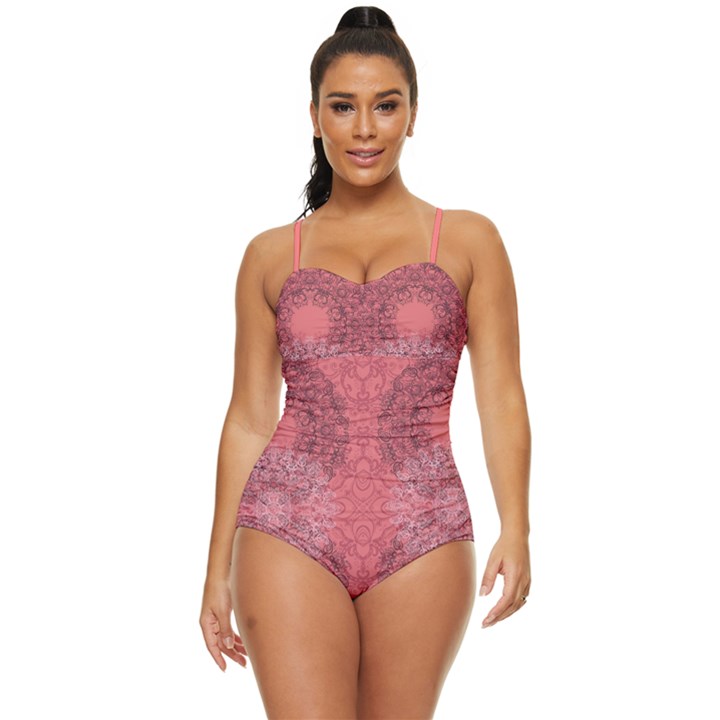 Coral Damask Party Cut-Out Retro Full Coverage Swimsuit