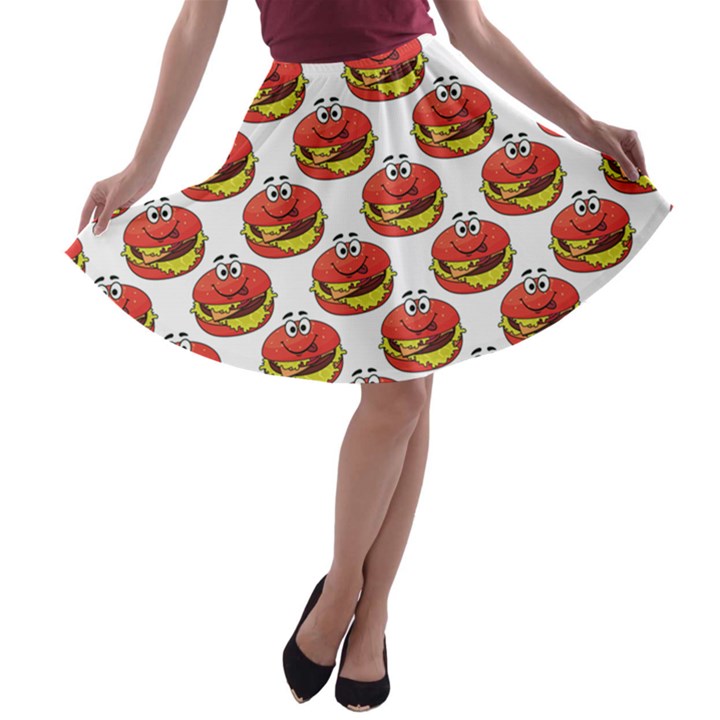 Red Cartoon Cheeseburger Pattern White Happy A-line Skater Skirt