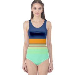 Navy Mint Stripes Athletic One Piece Swimsuit by CoolDesigns