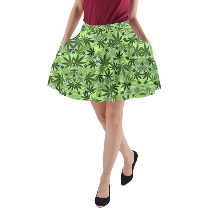 Cannabis Light Green Marijuana Leaves A-Line Pocket Skirt