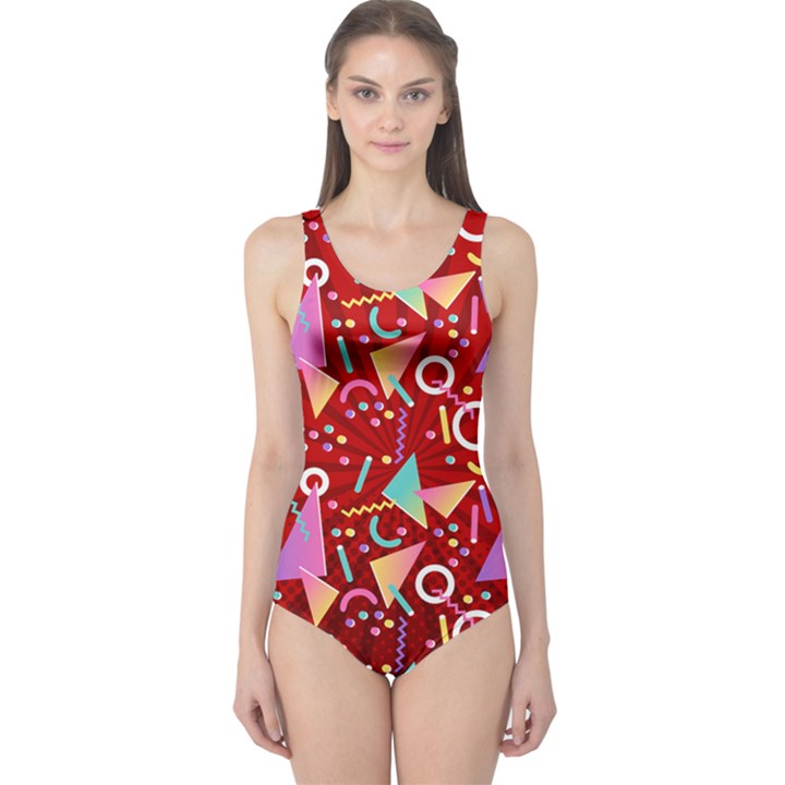 Dark Red & Plum POP ART Shapes One Piece Swimsuit