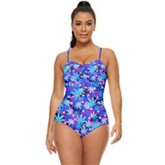 Cannabis Deep Sky Blue Marijuana Leaves Retro Full Coverage Swimsuit by CoolDesigns