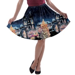 Dark Navy Vintage Christmas Town A-line Skater Skirt by CoolDesigns