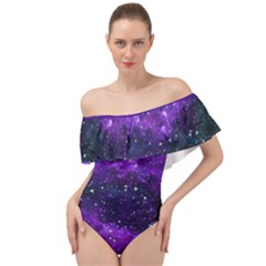 Indigo Space Fun Night Stars Off Shoulder Velour Bodysuit  by CoolDesigns