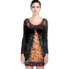 Elegant Xmas Tree Black Lights Long Sleeve Velvet Bodycon Dress by CoolDesigns