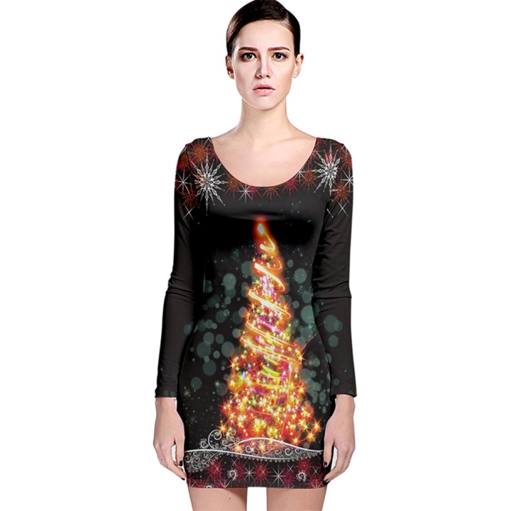 Elegant Xmas Tree Black Lights Long Sleeve Velvet Bodycon Dress