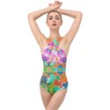 Fun Colorful Patchwork Floral Flowers Orange Tie Dye Cross Front Low Back Swimsuit View1