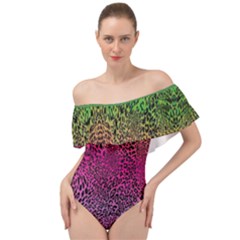 Leopard Colorful Pink Digital Print Stretch Off Shoulder Velour Bodysuit  by CoolDesigns