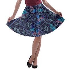 Forest Leopard Dark Purple Blue Tiles Print A-line Skater Skirt by CoolDesigns