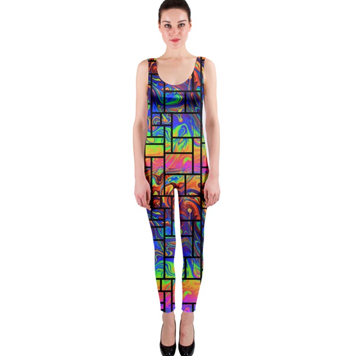 Patcwork Trippy Art Print Rainbow One Piece Catsuit