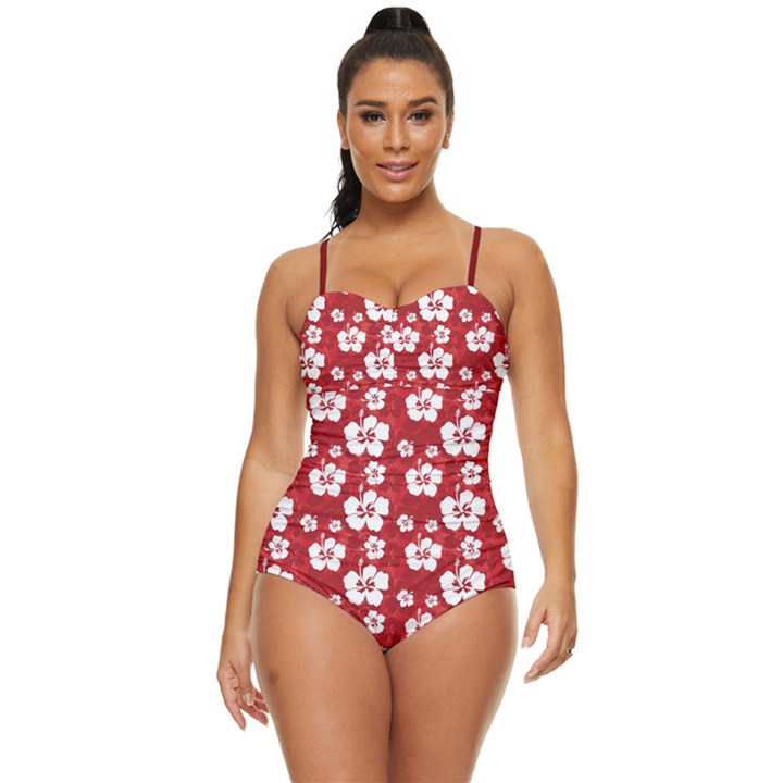 Hawaii Red Pattern Hibiscus Flowers Retro Full Coverage Swimsuit Clone