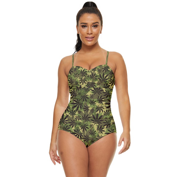 Camouflage Cannabis Marijuana Retro Full Coverage Swimsuit