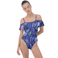 Native American Feathers Print Indigo Frill Detail One Piece Swimsuit by CoolDesigns