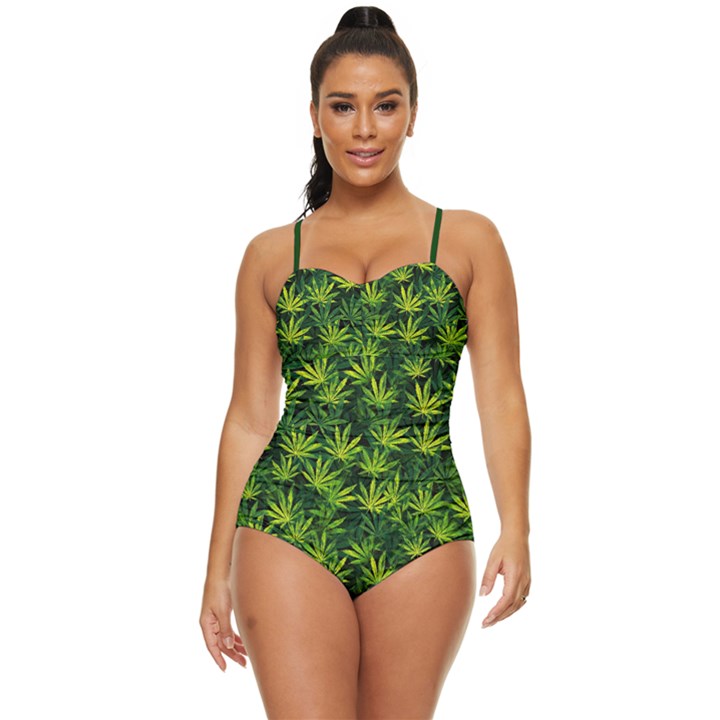 Full Marijuana Green Cannabis Leaves Retro Full Coverage Swimsuit