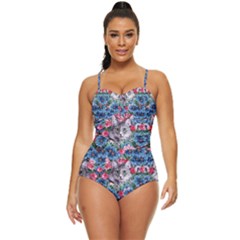 Dodger Blue & Pink Floral Kitty Cat Retro Full Coverage Swimsuit by CoolDesigns