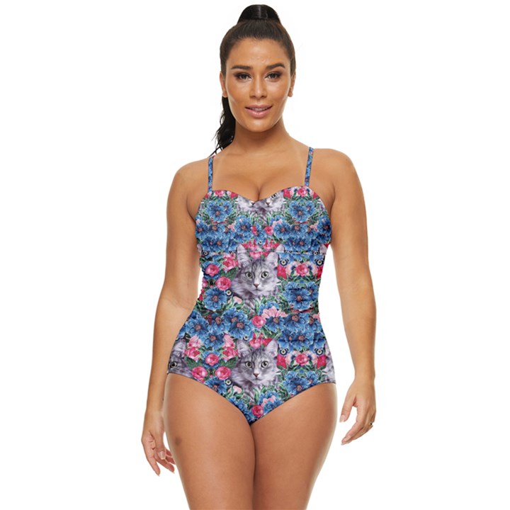 Dodger Blue & Pink Floral Kitty Cat Retro Full Coverage Swimsuit