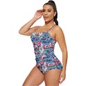 Dodger Blue & Pink Floral Kitty Cat Retro Full Coverage Swimsuit View2