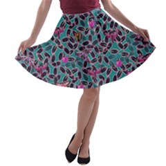 Autumn Leaves Teal Insect Moths Ladybugs A-line Skater Skirt by CoolDesigns