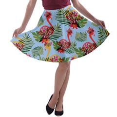 Flamingo Summer Tropical Sky Blue A-line Skater Skirt by CoolDesigns