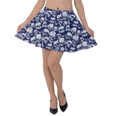 Navy Grunge Pattern Skulls Illustration Velvet Skater Skirt by CoolDesigns