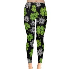 Green White Clover Shamrock Handraw Leggings  by CoolDesigns