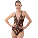 Hawaii Tropical Floral Flowers Black Halter Cut-Out One Piece Swimsuit View1