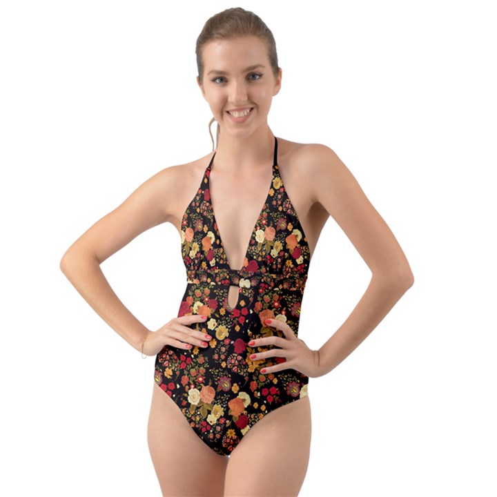 Hawaii Tropical Floral Flowers Black Halter Cut-Out One Piece Swimsuit