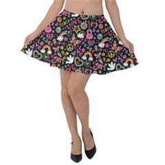 Colorful Peace Love And Music Pattern Groovy Doodle Velvet Skater Skirt by CoolDesigns