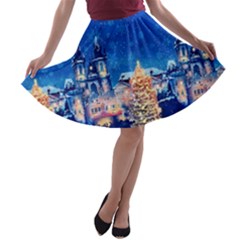 Dodger Blue Vintage Christmas Town A-line Skater Skirt by CoolDesigns