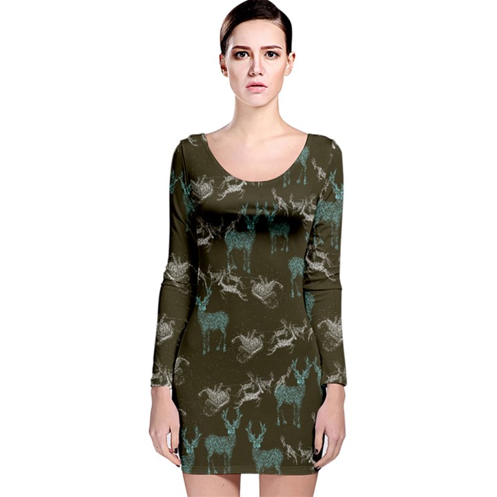 Dreamy Deer Dark Green Celestial Long Sleeve Velvet Bodycon Dress