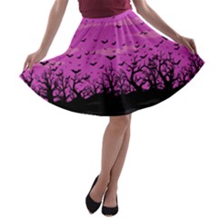 Bats Halloween Magenta & Black Night A-line Skater Skirt by CoolDesigns