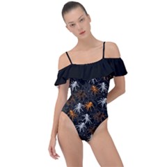 Spiders Orange & Black Spider Webs Frill Detail One Piece Swimsuit by CoolDesigns