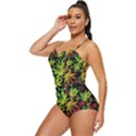 Cannabis Colorful Green Marijuana Leaves Retro Full Coverage Swimsuit (Black) View2