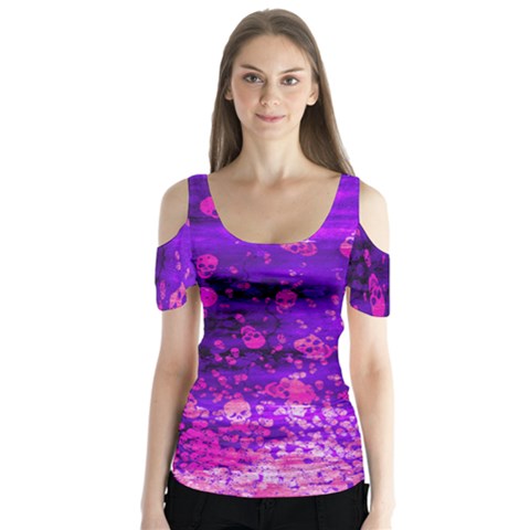 Purple Skulls Pattern Halloween V2 Butterfly Sleeve Cutout Tee by CoolDesigns