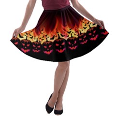 Black Halloween Pumpkin Dark Red Fire Bats A-line Skater Skirt   by CoolDesigns