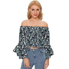 Blue Cartoon Panda Animal Pattern Off Shoulder Flutter Bell Sleeve Top by CoolDesigns