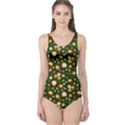 Golden Ornament Black Christmas Pattern Pattern Women s One Piece Swimsuit View1