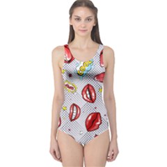 Gray & Black Lips Pop Art One Piece Swimsuit by CoolDesigns